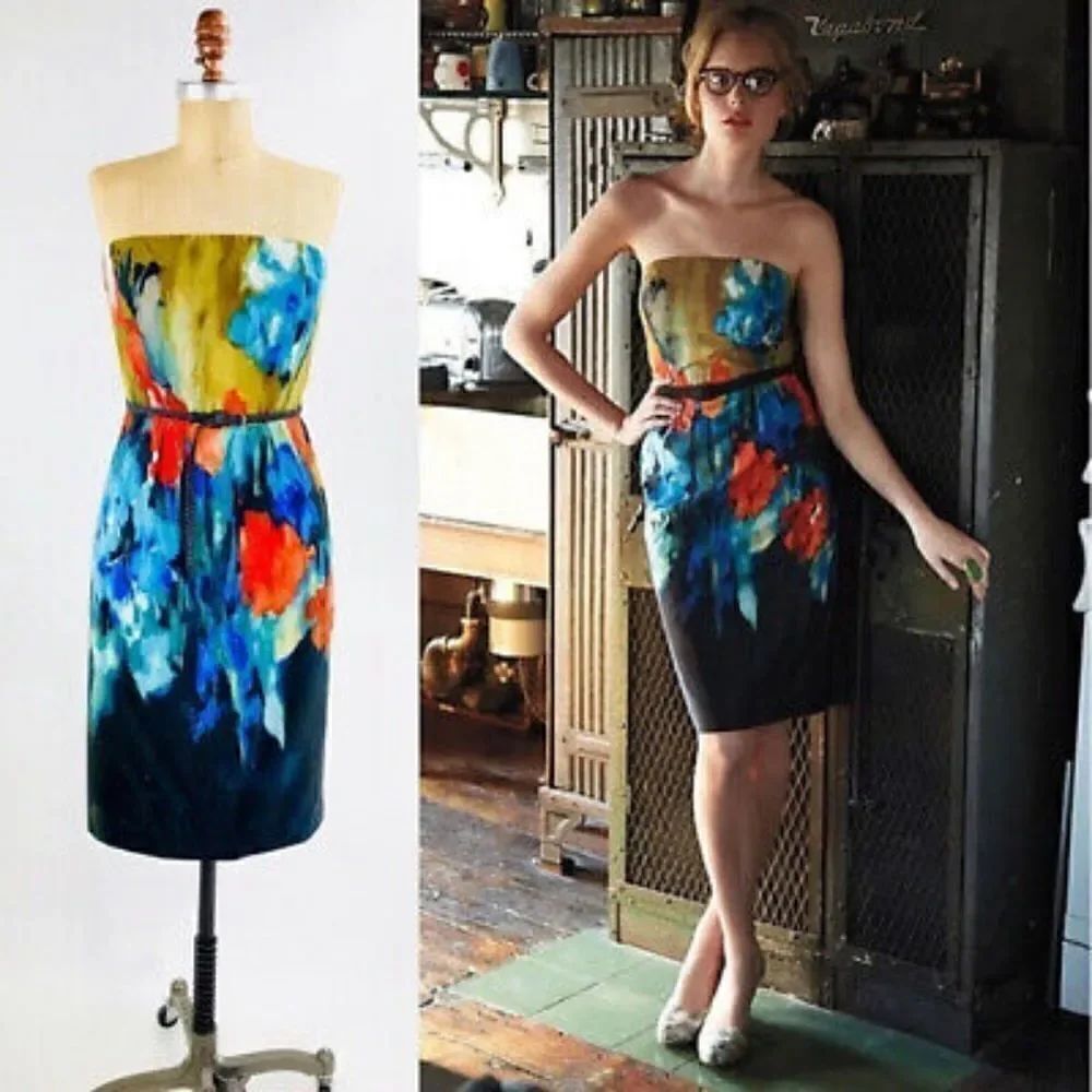Moulinette Soeurs Watercolor Floral Dress Strapless Anthropologie No Belt